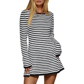Saodimallsu Womens Striped Pullover Sweater Crew Neck Fall Long Sleeve Trendy Casual Ribbed Knit Tunic Mini Dress