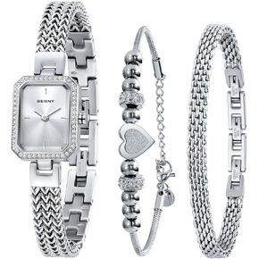 BERNY Silver Watches for Women Ladies Wrist Watch and Bracelet Set Dainty Quartz Bracelet Watch Premium Crystal Accented Fashion Luxury Birthday Present for Women