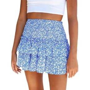 Yimoon Women's Summer High Waist Layered Ruffle Mini Skirt Floral Print Boho Smocked A Line Short Skirt (Blue-M), Medium