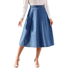 SDEER Women's Denim A Line Skirt Casual Stretch High Waist Flared Midi Jean Skirts