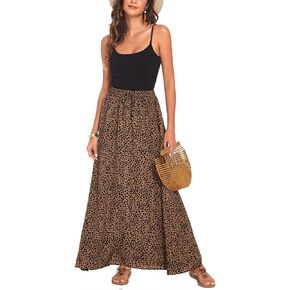 Women Maxi Beach Skirts Summer Leopard Print Beach Pleated Elastic High Waisted Long Skirts