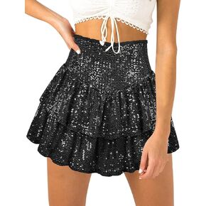 FEOYA Women Sequins Ruffle Skirt High Waist Glitter Flowy Skirt Layered Shiny Mini Skirt Built in Shorts
