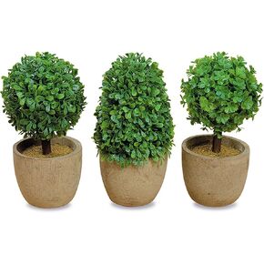 WHW Whole House Worlds Realistic Faux Boxwood Sculptural Topiary, Set of 3, Curly Leaf, Cone and Ball Tops, Gray Stone Pot, Each 5.5 Inches Tall, Mixed Materials