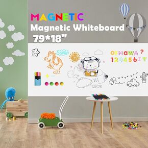 Magnetic Chalkboard Contact Paper, 79" x 18" Self-Adhesive Magnetic Chalkboard Wall Decal with 79 Magnetic Letters for Kids and 12 Liquid Chalk, Magnet Wall for Kids, Magnetic Wall Decal