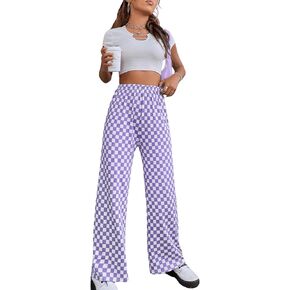 OYOANGLE Women's Checkered Printed High Elastic Waisted Wide Leg Pants Loose Fitted Streetwear Long Pants