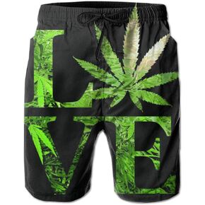 شورت شاطئ YongColer للرجال برباط مطاطي وخصر للسباحة - Love Marijuana Weed Leaf باللون الأسود in Kuwait