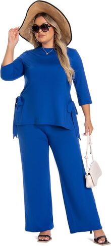 Plus Size 2 Piece Outfits for Women, Casual Tracksuits, Half Sleeve Lounge Sets, Elegant Wide Leg Pant Sets in Saudi Arabia