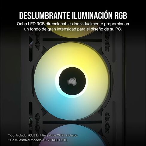 مروحة Corsair iCUE AF120 RGB Elite 120 مم PWM - ثمانية مصابيح LED RGB - تقنية AirGuide - محمل ديناميكي سائل - وضع مروحة صفر دورة في الدقيقة - متوافق مع برنامج CORSAIR iCUE - أسود لسطح المكتب in Saudi Arabia
