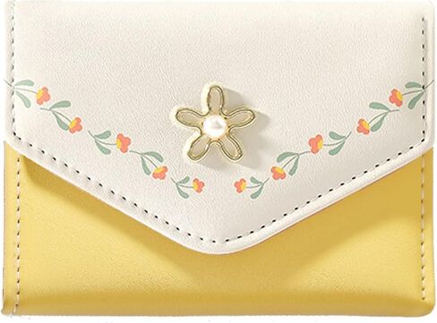 Flower Tri-Fold Wallet Cute Small Cash Wallets for Women Girls Slim Print Purse Cash Card Holder with Photo Window Trendy kawaii Youthful (Short-3-yellow) in Kuwait