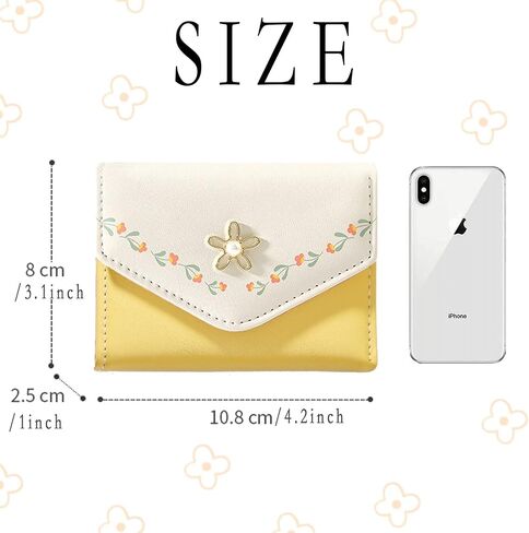 Flower Tri-Fold Wallet Cute Small Cash Wallets for Women Girls Slim Print Purse Cash Card Holder with Photo Window Trendy kawaii Youthful (Short-3-yellow) in Kuwait