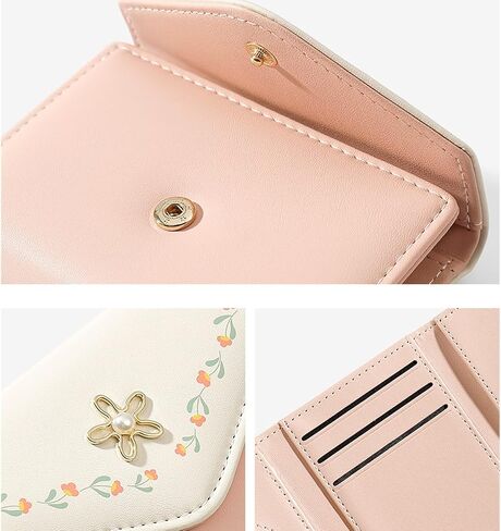 Flower Tri-Fold Wallet Cute Small Cash Wallets for Women Girls Slim Print Purse Cash Card Holder with Photo Window Trendy kawaii Youthful (Short-3-yellow) in Kuwait