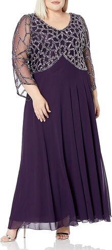 J Kara Women's Plus Size 3/4 Sleeve V-Neck Geometrical Beaded Long Dress in Saudi Arabia