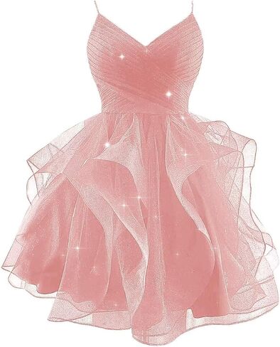 Sparkly Tulle Homecoming Dresses for Teens Spaghetti Strap Tiered Short Prom Dress V Neck Cocktail Party Gown in Saudi Arabia