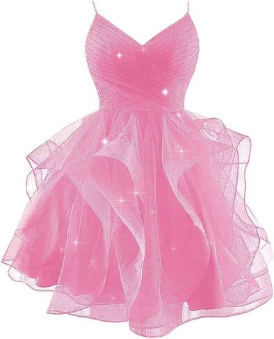 Sparkly Tulle Homecoming Dresses for Teens Spaghetti Strap Tiered Short Prom Dress V Neck Cocktail Party Gown in Saudi Arabia