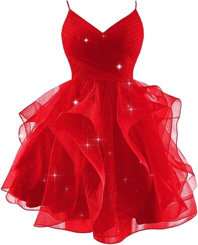 Sparkly Tulle Homecoming Dresses for Teens Spaghetti Strap Tiered Short Prom Dress V Neck Cocktail Party Gown in Saudi Arabia