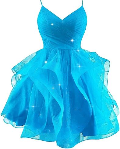 Sparkly Tulle Homecoming Dresses for Teens Spaghetti Strap Tiered Short Prom Dress V Neck Cocktail Party Gown in Saudi Arabia