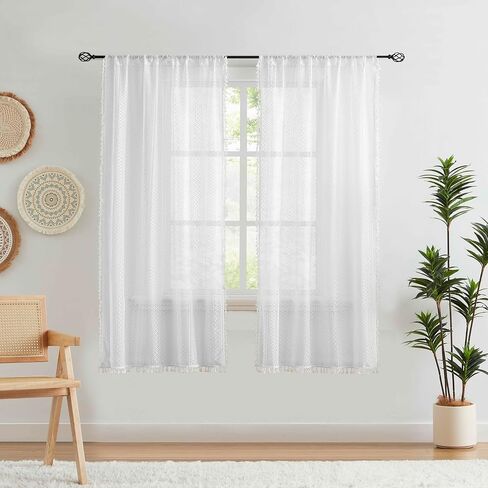 Boho Lace Sheer Curtains 54 Inch Length 2 Panels Set Beige Rustic Geometric Pattern Curtains with Tassel for Living Room Bedroom Rod Pocket Linen Window Drapes, 40"x54"x2 in Kuwait