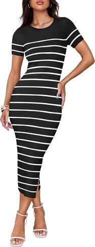 ZESICA Women's Summer Bodycon Midi Dress 2024 Striped Short Sleeve Ribbed Knit Slim Fit Side Slit T Shirt Dresses in Saudi Arabia