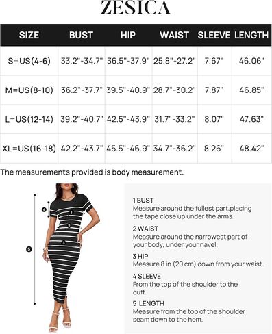 ZESICA Women's Summer Bodycon Midi Dress 2024 Striped Short Sleeve Ribbed Knit Slim Fit Side Slit T Shirt Dresses in Saudi Arabia