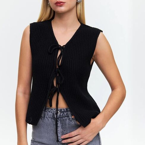 Amiblvowa Women Crochet Vest Y2k Tie Front Knit V Neck Sleeveless Tank Top Open Front Going Out Crop Sweater Vest Tops in Saudi Arabia