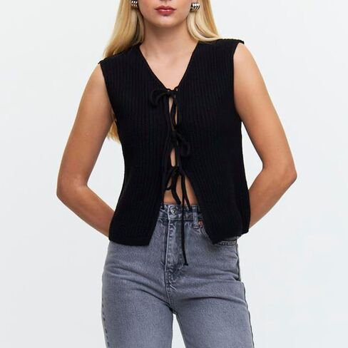 Amiblvowa Women Crochet Vest Y2k Tie Front Knit V Neck Sleeveless Tank Top Open Front Going Out Crop Sweater Vest Tops in Saudi Arabia