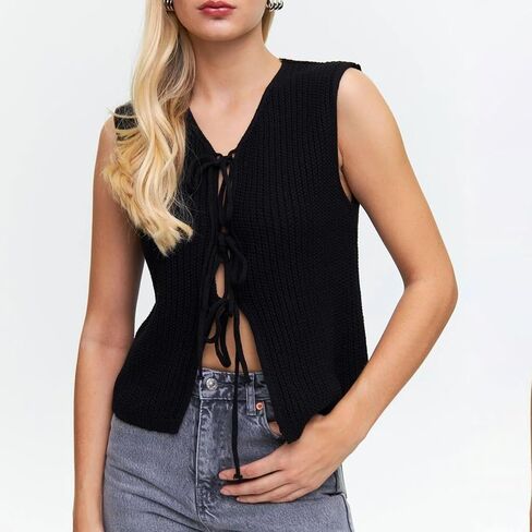 Amiblvowa Women Crochet Vest Y2k Tie Front Knit V Neck Sleeveless Tank Top Open Front Going Out Crop Sweater Vest Tops in Saudi Arabia