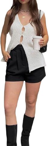 Amiblvowa Women Crochet Vest Y2k Tie Front Knit V Neck Sleeveless Tank Top Open Front Going Out Crop Sweater Vest Tops in Saudi Arabia