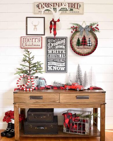 Merry Christmas Welcome Sign Front Door Decoration Xmas Tree Door Sign Rustic Wood Grain Round Wood Wreaths Wall Hanging Outdoor, Farmhouse, Porch, Red Buffalo Plaid for Home Decor in Kuwait
