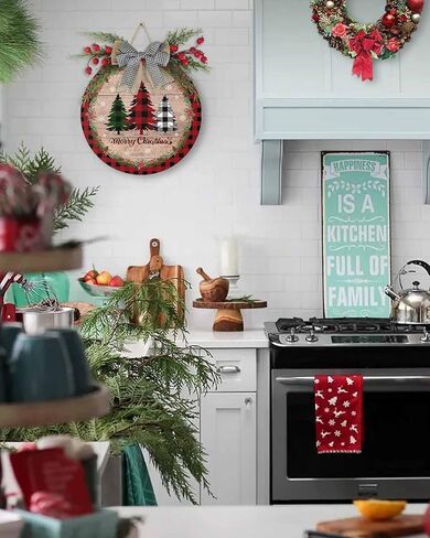 Merry Christmas Welcome Sign Front Door Decoration Xmas Tree Door Sign Rustic Wood Grain Round Wood Wreaths Wall Hanging Outdoor, Farmhouse, Porch, Red Buffalo Plaid for Home Decor in Kuwait