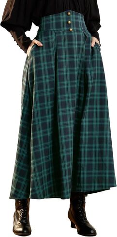 Scarlet Darkness Womens Plaid Skirt Elastic Waist A-Line Victorian Tartan Maxi Skirts in Saudi Arabia