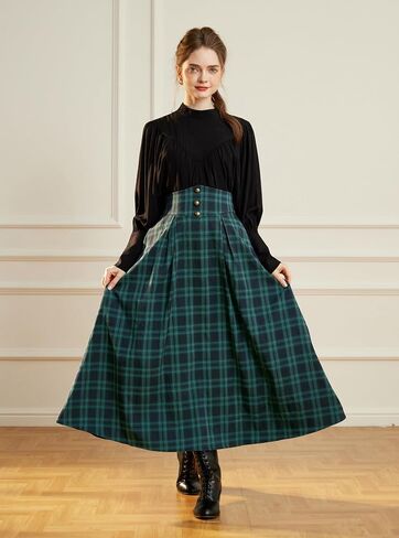 Scarlet Darkness Womens Plaid Skirt Elastic Waist A-Line Victorian Tartan Maxi Skirts in Saudi Arabia