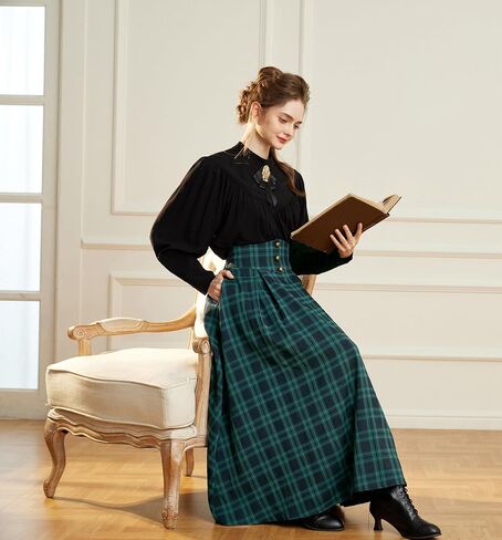 Scarlet Darkness Womens Plaid Skirt Elastic Waist A-Line Victorian Tartan Maxi Skirts in Saudi Arabia