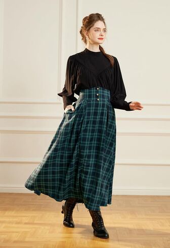 Scarlet Darkness Womens Plaid Skirt Elastic Waist A-Line Victorian Tartan Maxi Skirts in Saudi Arabia