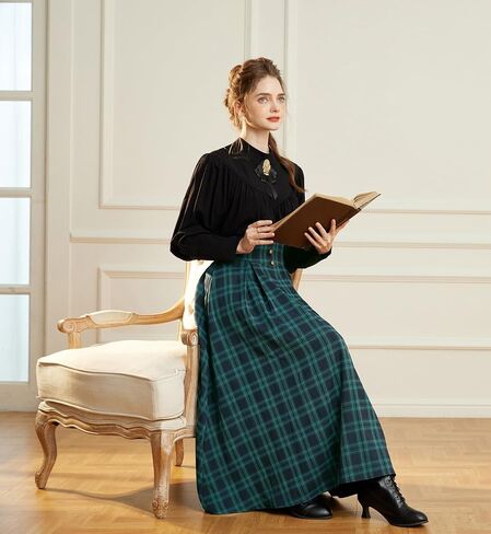 Scarlet Darkness Womens Plaid Skirt Elastic Waist A-Line Victorian Tartan Maxi Skirts in Saudi Arabia