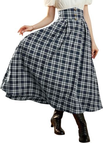 Scarlet Darkness Womens Plaid Skirt Elastic Waist A-Line Victorian Tartan Maxi Skirts in Saudi Arabia