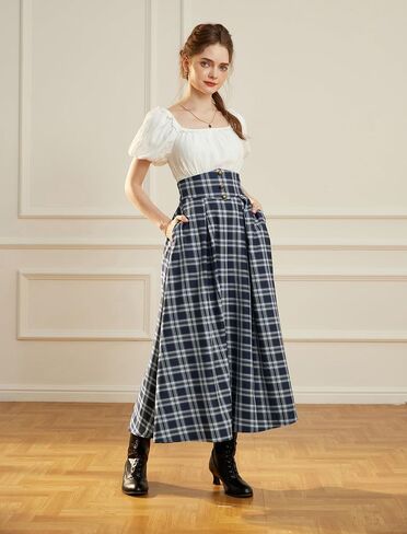 Scarlet Darkness Womens Plaid Skirt Elastic Waist A-Line Victorian Tartan Maxi Skirts in Saudi Arabia