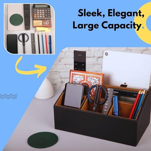 منظم مكتب جلدي مع قاعدة مقاس 4 بوصات، سعة كبيرة 5 مقصورات، توحيد سطح المكتب، مصنوع يدويًا (أسود) in Kuwait