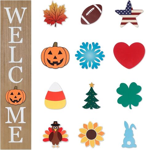 Interchangeable Welcome Sign for Front Porch- 45"X9" Large Standing/Hanging Wooden Sign with 12 PCS Replaceable Icons for Farmhouse Harvest Fall Halloween Thanksgiving Porch Wall Yard Decorations (Black) in Saudi Arabia