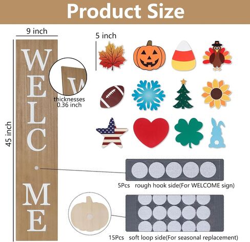 Interchangeable Welcome Sign for Front Porch- 45"X9" Large Standing/Hanging Wooden Sign with 12 PCS Replaceable Icons for Farmhouse Harvest Fall Halloween Thanksgiving Porch Wall Yard Decorations (Black) in Saudi Arabia