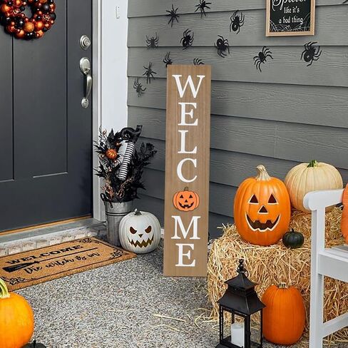 Interchangeable Welcome Sign for Front Porch- 45"X9" Large Standing/Hanging Wooden Sign with 12 PCS Replaceable Icons for Farmhouse Harvest Fall Halloween Thanksgiving Porch Wall Yard Decorations (Black) in Saudi Arabia