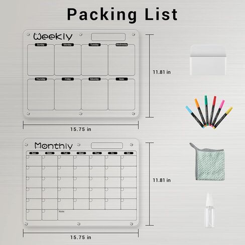 Magnetic Calendar for Fridge, FOTEEMO 2 Pcs Refrigerator Calendar Magnetic Dry Erase Clear Calendar for Fridge Includes 6 Dry Chalk Markers with 6 Colors White Acrylic Calendar (15.7"x11.8") in Kuwait