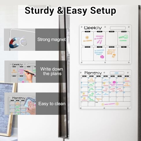 Magnetic Calendar for Fridge, FOTEEMO 2 Pcs Refrigerator Calendar Magnetic Dry Erase Clear Calendar for Fridge Includes 6 Dry Chalk Markers with 6 Colors White Acrylic Calendar (15.7"x11.8") in Kuwait