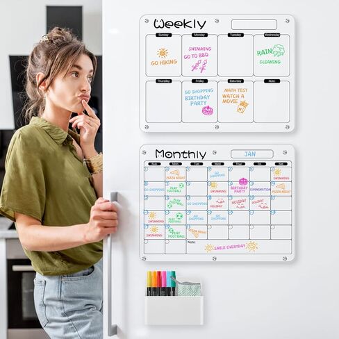 Magnetic Calendar for Fridge, FOTEEMO 2 Pcs Refrigerator Calendar Magnetic Dry Erase Clear Calendar for Fridge Includes 6 Dry Chalk Markers with 6 Colors White Acrylic Calendar (15.7"x11.8") in Kuwait