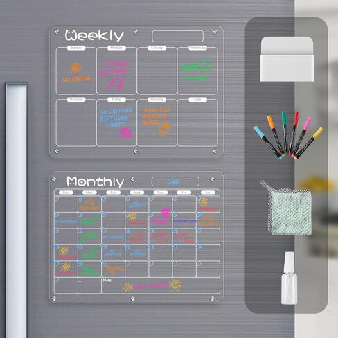 Magnetic Calendar for Fridge, FOTEEMO 2 Pcs Refrigerator Calendar Magnetic Dry Erase Clear Calendar for Fridge Includes 6 Dry Chalk Markers with 6 Colors White Acrylic Calendar (15.7"x11.8") in Saudi Arabia