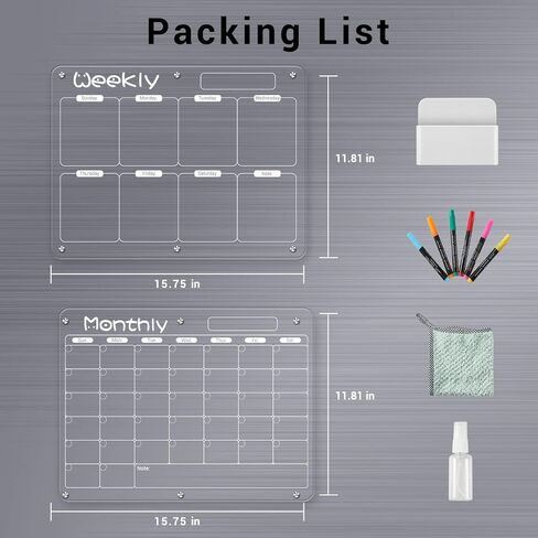 Magnetic Calendar for Fridge, FOTEEMO 2 Pcs Refrigerator Calendar Magnetic Dry Erase Clear Calendar for Fridge Includes 6 Dry Chalk Markers with 6 Colors White Acrylic Calendar (15.7"x11.8") in Saudi Arabia