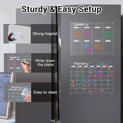 Magnetic Calendar for Fridge, FOTEEMO 2 Pcs Refrigerator Calendar Magnetic Dry Erase Clear Calendar for Fridge Includes 6 Dry Chalk Markers with 6 Colors White Acrylic Calendar (15.7"x11.8") in Saudi Arabia