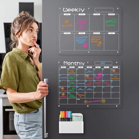 Magnetic Calendar for Fridge, FOTEEMO 2 Pcs Refrigerator Calendar Magnetic Dry Erase Clear Calendar for Fridge Includes 6 Dry Chalk Markers with 6 Colors White Acrylic Calendar (15.7"x11.8") in Saudi Arabia