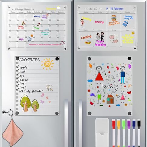 Magnetic Acrylic Calendar for Fridge 2 Pack 12"x16" Clear Dry Erase Monthly and Weekly Calendar 2 Small Magnetic Planning Boards 6 Colorful Markers 1 Magnetic Pen Holder 1 Wipe Rag 1 Hook in Saudi Arabia