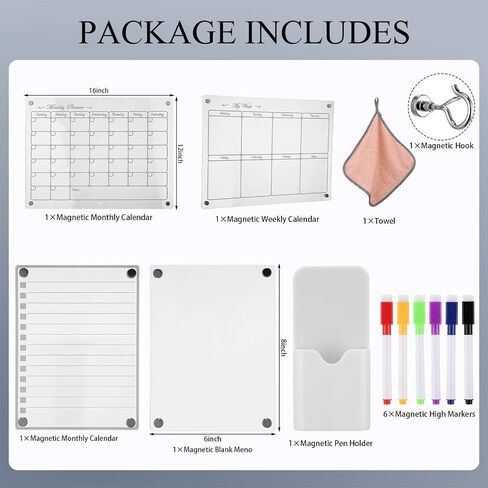 Magnetic Acrylic Calendar for Fridge 2 Pack 12"x16" Clear Dry Erase Monthly and Weekly Calendar 2 Small Magnetic Planning Boards 6 Colorful Markers 1 Magnetic Pen Holder 1 Wipe Rag 1 Hook in Saudi Arabia