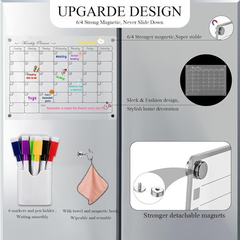 Magnetic Acrylic Calendar for Fridge 2 Pack 12"x16" Clear Dry Erase Monthly and Weekly Calendar 2 Small Magnetic Planning Boards 6 Colorful Markers 1 Magnetic Pen Holder 1 Wipe Rag 1 Hook in Saudi Arabia